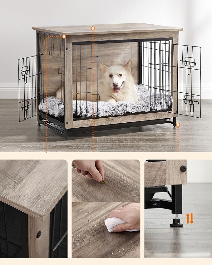 Feandrea 32.5" Dog Crate Furniture, Indoor Dog Cage Side End Table, L Pet Wood Kennel for Large and Medium Dogs up to 45 lb with Multi-Purpose Removable Tray, Double-Door Pet House, Greige