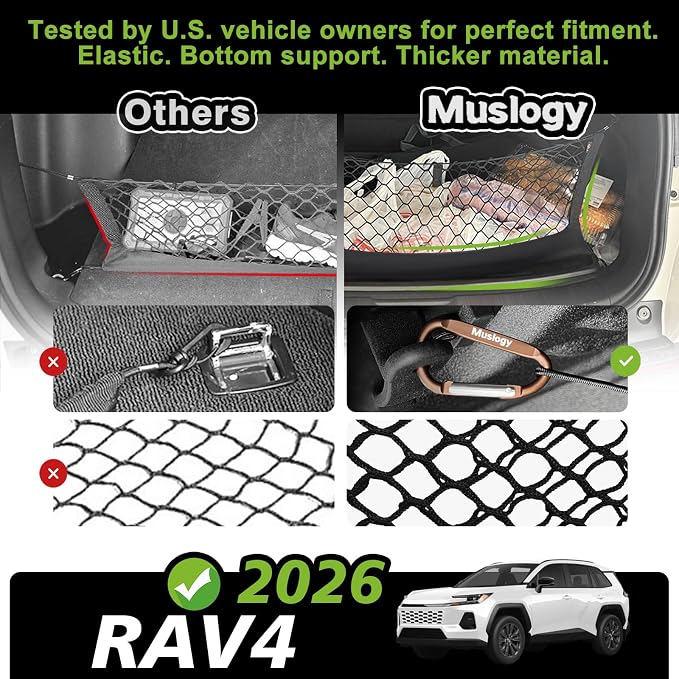 Muslogy Cargo Net for 2026 Toyota RAV4 Accessories | Custom Fit, Trunk Storage Organizer Net for SUV Sedan Van Divider, with Heavy Duty Carabiners, Night Visible Grab Handle