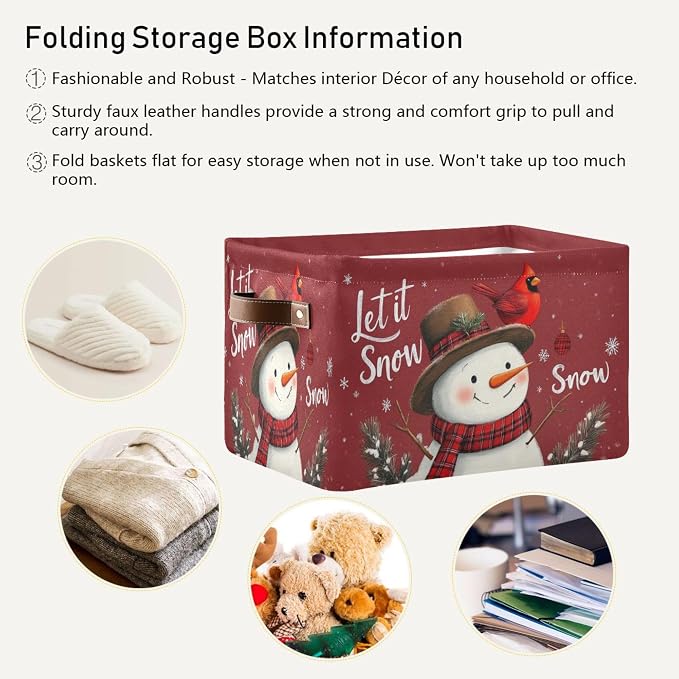 Winter Snowman Cardinal Birds Storage Basket with Waterproof Liner and PU Handles Let It Snow Christmas Red Storage Bins Boxes 14.2" Collapsible Decorative Baskets for Bedroom Closet Office 2 Pack