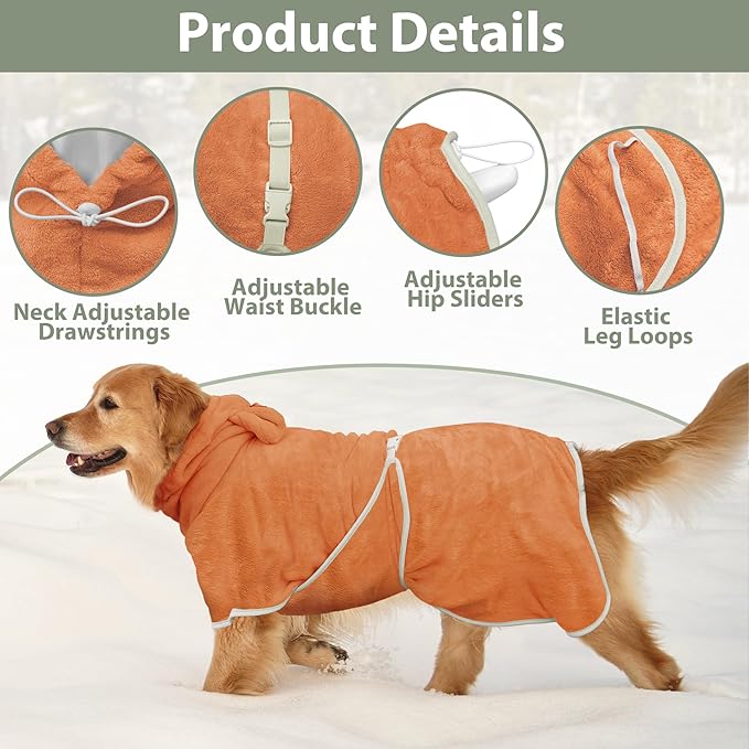 Dog Bathrobe Super Absorbent Towel Robe - Microfiber Bath Towels Fast Drying Coat for Dogs, Cute Dogs Clothes Adjustable Collar & Belly Strap Warm Keeping Hooded Dog Towel (Orange, XX-Large)
