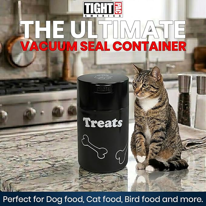 Tightpac Pawvac 1 to 6 Ounces Container, Airtight Pet Food and Treats Storage Jar - Patented Vacuum Seal Container for Pet Food, Treats and other Dry Goods - Black with Treats