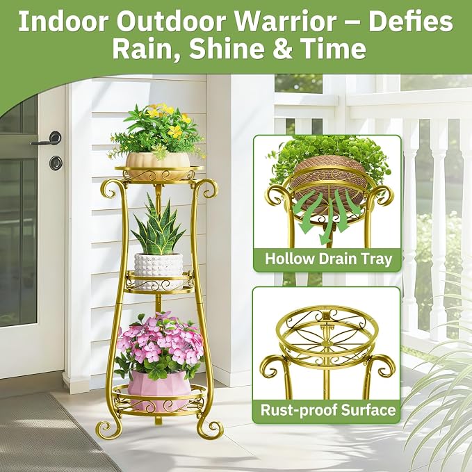 KMOTASUO 3 Tier Metal Plant Stand Tall for Indoor Outdoor Corner, Gold | Heavy Duty Flower Holder Rack, Modern Vertical Iron Shelf for Patio Bathroom Office Garden