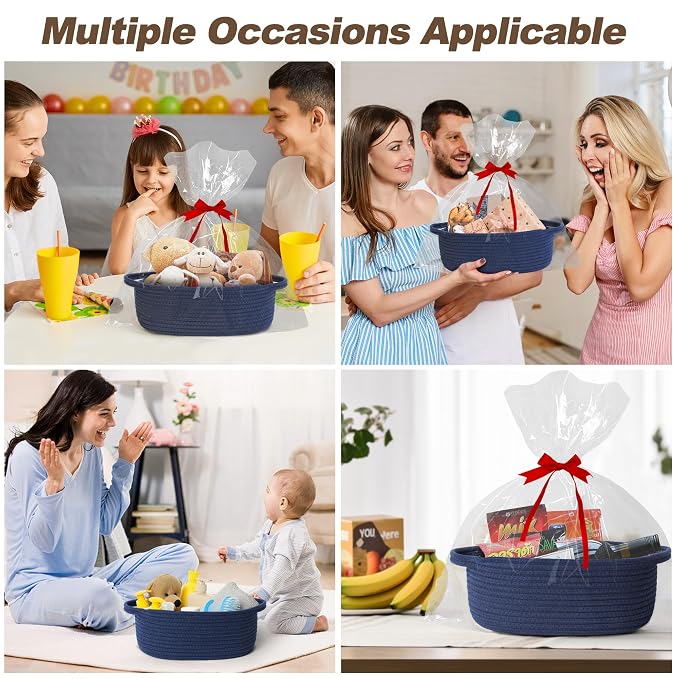 Small Blue Woven Basket, 13"x 9"x 5" Gift Basket Empty, Cotton Rope Kids Dog Cat Toy Bin Box, Cute Baby Nursery Easter Organizer, Decorative Wicker Storage with Handle, Navy Blue Room Decor
