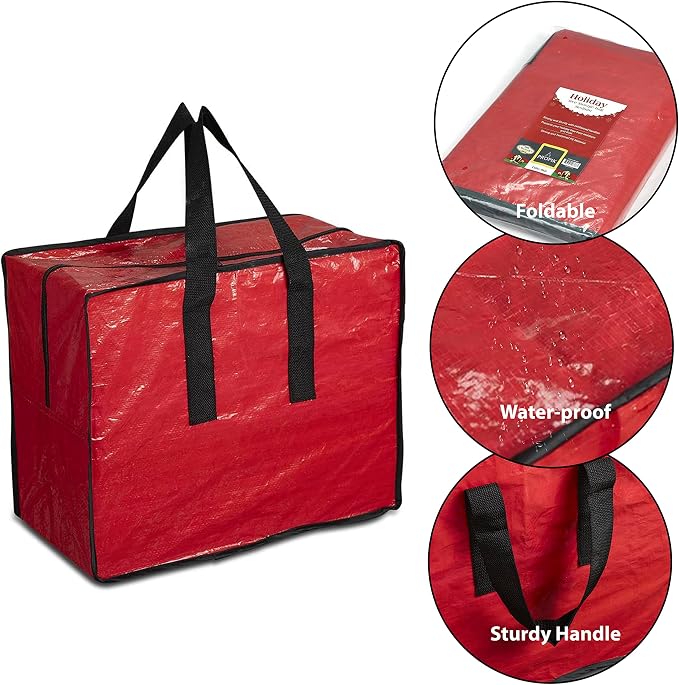 Christmas Ornaments Storage, Holiday Accessories Bag Tear-Proof Tarp 18 X 10 X 15 with Handles and Full Length Zipper (Red)