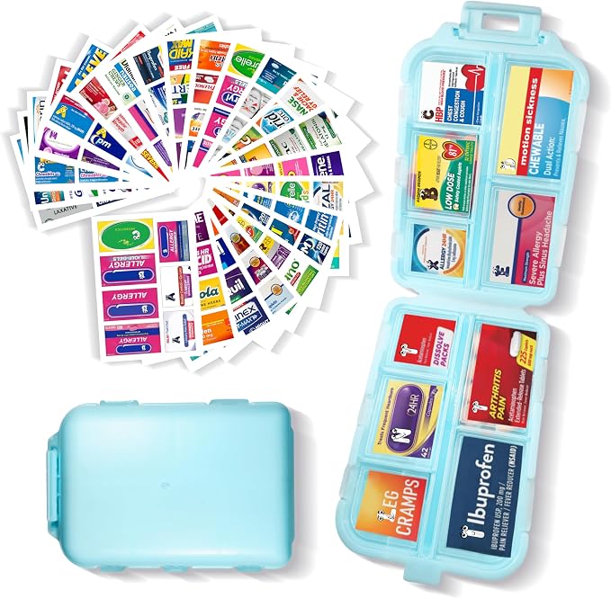 Pill Organizer with 161 Medicine Labels, Blue Travel Pill Case | Compact 10-compartment pill case with 161 labels for daily vitamins, supplements, 7-day planning, purse, backpack, and travel