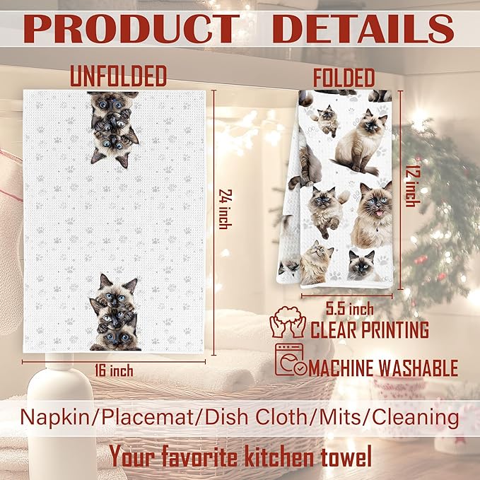 Ragdoll Cat Kitchen Towels, Ragdoll Cat Lovers Gifts Dish Tea Towels, Cute Kitty Kitten Paws Decorative Hand Towel for Bathroom, 16x24 Inch Set of 2
