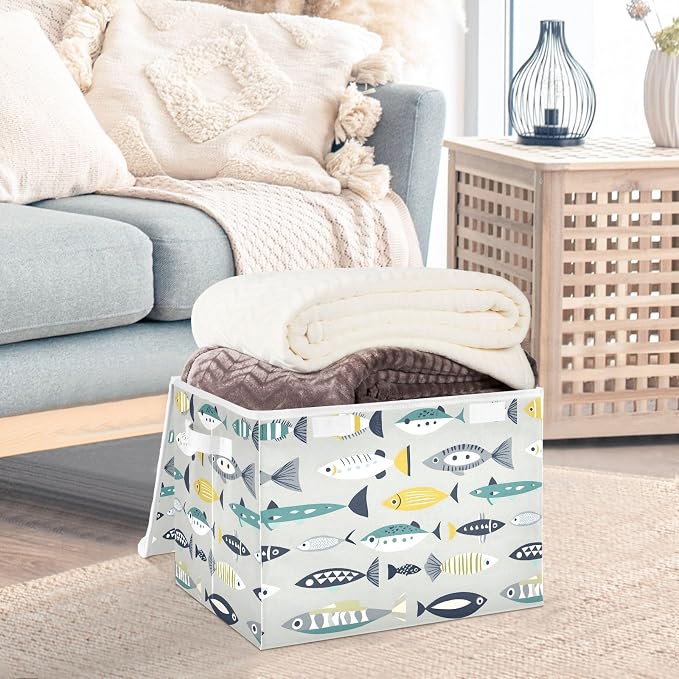 Storage Bins with Lid Fish Pattern Foldable Storage Boxes 40L Baskets | Decorative Storage Boxes, 300D Oxford Cloth, Hollow Board Frame, Flip Top Velcro Lid, 16.5x12.6x11.8 inch, Collapsible Design