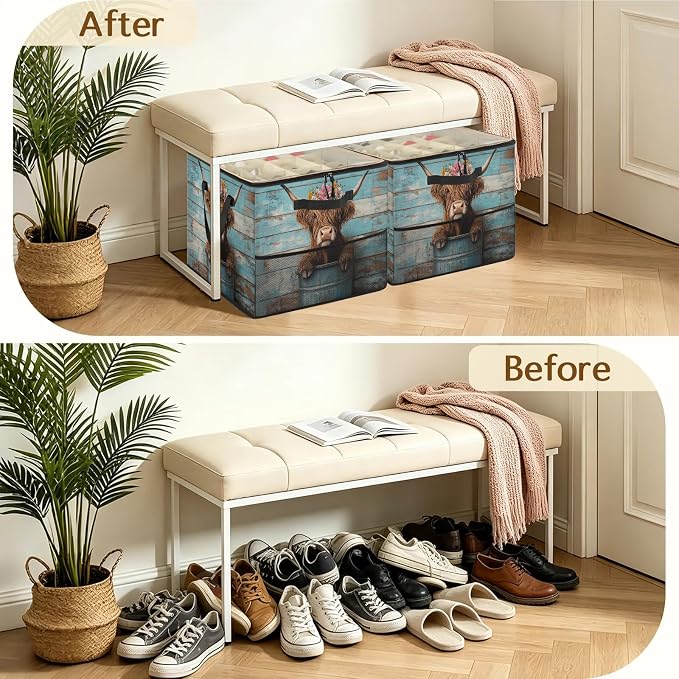 TropicalLife Highland Rustic Cow Shoe Organizer for Closet | Farmhouse Farm Animals Foldable Shoe Storage Organizer Box Bin with Adjustable Dividers & Clear Cover, Fits up to 16-32 Pairs