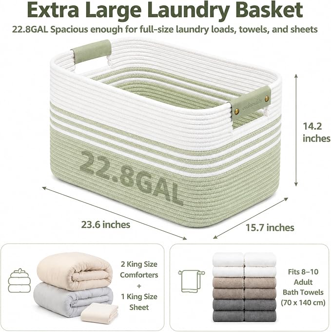 22.8GAL Xl Extra Large Laundry Basket for Bathroom, Dorm Dirty Clothes, Sturdy Portable Aesthetic Boho Cute Woven Storage Shoes Blanket Baskets for Living Room Decor Girls Boys Pets Toys White Green