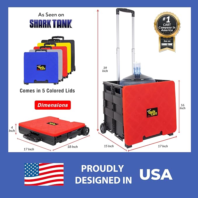 dbest Products Quik Cart Standard Collapsible Rolling Crate - Red Lid | with Wheels, Roll Up to 80 lbs Capacity, Heavy Duty Plastic Construction, Telescoping Handle, Foldable Utility Cart