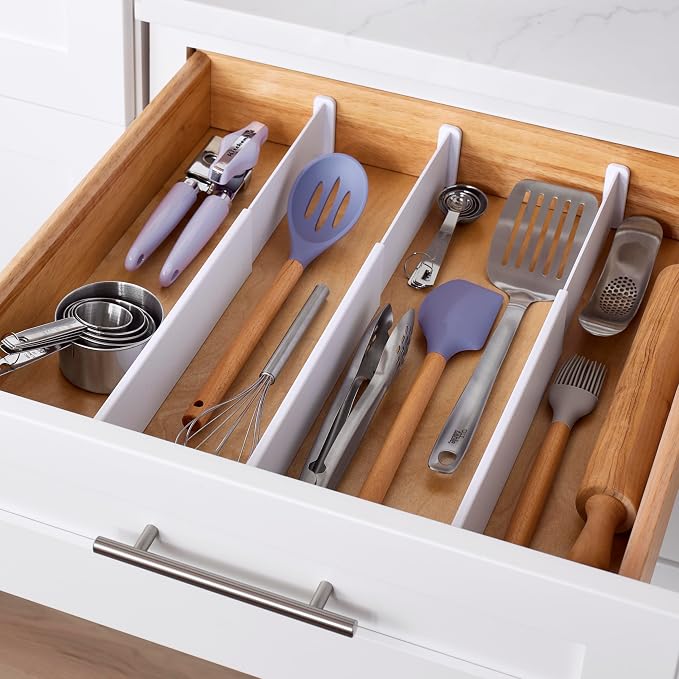 YouCopia ReStickable Drawer Dividers, Adjustable and Expandable Kitchen Organizers for Utensil and Tool Storage, Expands 13" to 24", Shallow Dividers 3-Pack, Speckled White