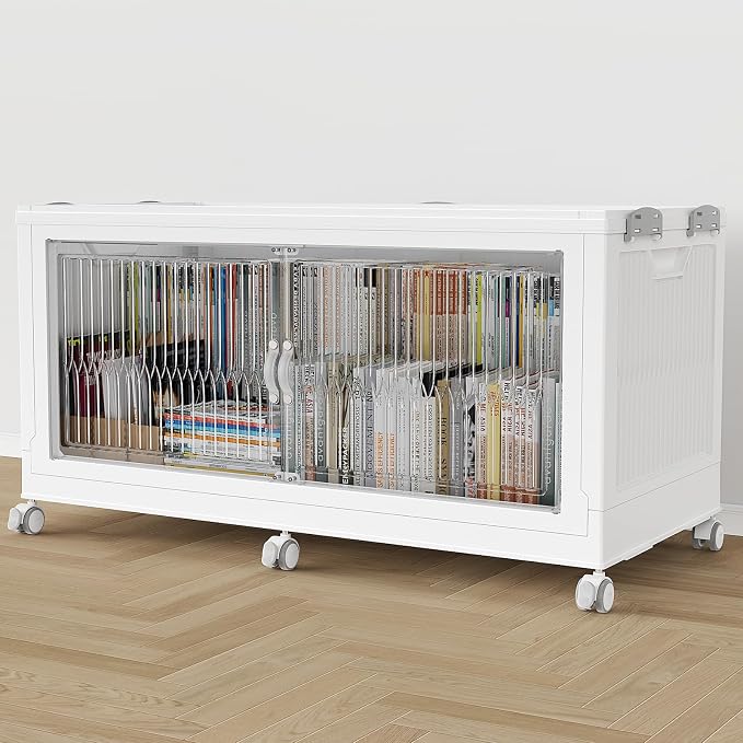 BROVIEW 340QT Extra Large Stackable Storage Bins with Lid, 1Pack White | 85Gal Plastic Collapsible Cabinets Containers, Wheels & PET Doors, Foldable Closet Organizers Drawers for Office, Dorm