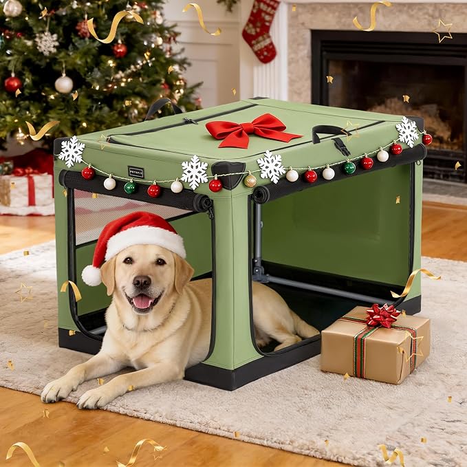 PETSFIT 40" Soft Portable Dog Crate – Patented Spiral Sturdy Frame, Collapsible Travel Kennel for Large Dogs, 3 Mesh Door, Lockable Zippers, Indoor & Car Use Green