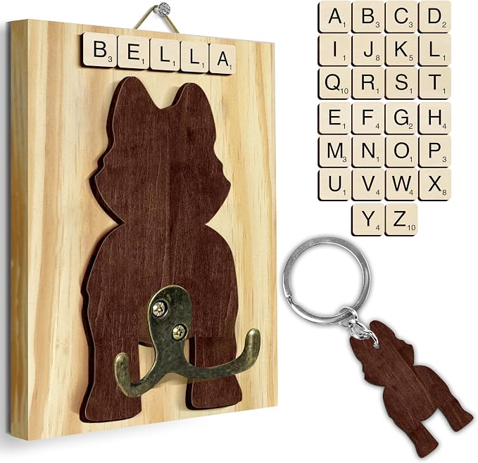 Husky Dog Leash Holder Wall Mount with Scrabble Letters, Wooden Dog Wall Hook Organizer, Pet Collar and Harness Holder Entryway, Key Hook & Leash Rack, Home Decor for Pet Lovers PF297-45