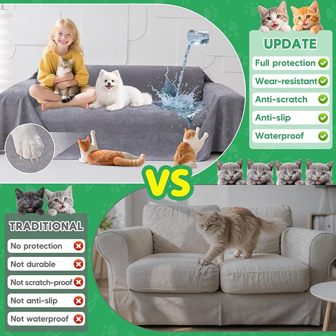Loiion Cat Scratch Proof Furniture Protector Waterproof Sofa Cover 134"x71" | Pet-Friendly Couch Protector, Anti-Scratch & Anti-Slip Sofa Cover For Cats Dogs Kids, Machine Washable