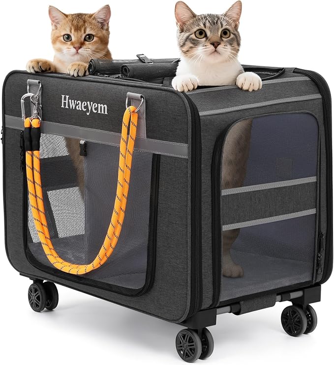 Extra Large Cat Carrier for 2 Cats with Wheels, Rolling Dual-Compartment Cat Car Travel Carrier, Portable Dog Cat Crate for Large Cat for Long Trips, Support up to 40 Lbs, 24" X 15" X 17"