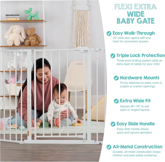 Regalo Safety 28"-76" Super Wide Configurable Baby Gate | Hardware Mounted, For Doorways & Open Spaces, For Babies, Toddlers & Pets, White, Tested & Trusted for 30 Years