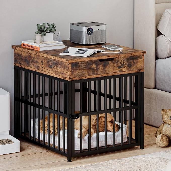 IRONCK Dog Crate Furniture for Small Dogs, Rustic Brown | Wooden Dog Kennel with Flip Top Drawer, Indoor Pet Crate End Table with Charging Station, Steel-Tube Dog Cage