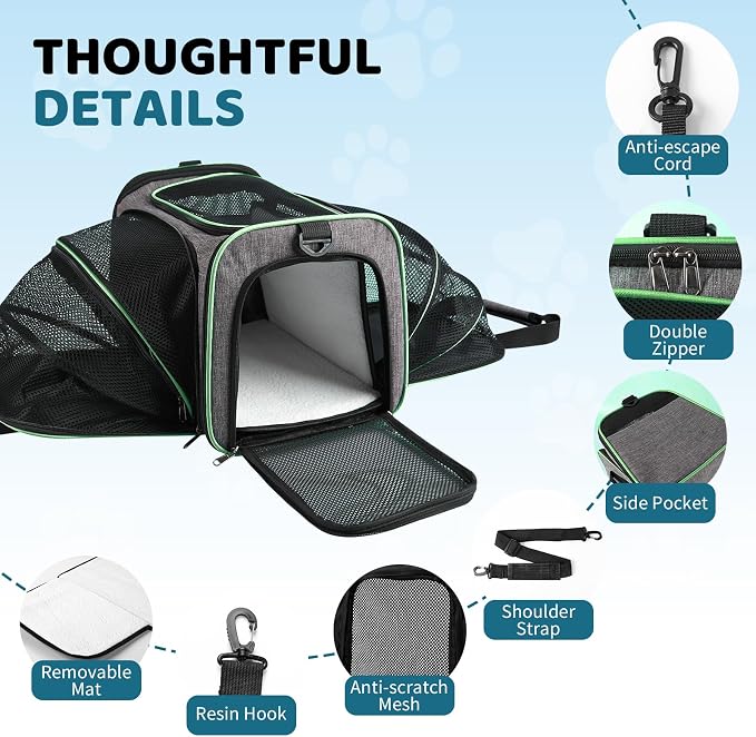 Cat Carrier - Airline Approved Expandable Soft Side Pet Carrier, Collapsible Pet Travel Bag Carrier with Foldable Pet Bowl for Cat Small Animals Under 14LB, 17 * 11 * 11