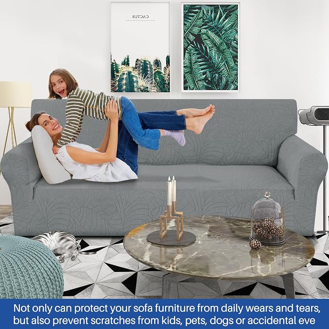 YEMYHOM Couch Cover Latest Jacquard Design High Stretch Sofa Covers for 3 Cushion Couch, Pet Dog Cat Proof Slipcover Non Slip Magic Elastic Furniture Protector (Large, Begonia Leaf Dark Gray)