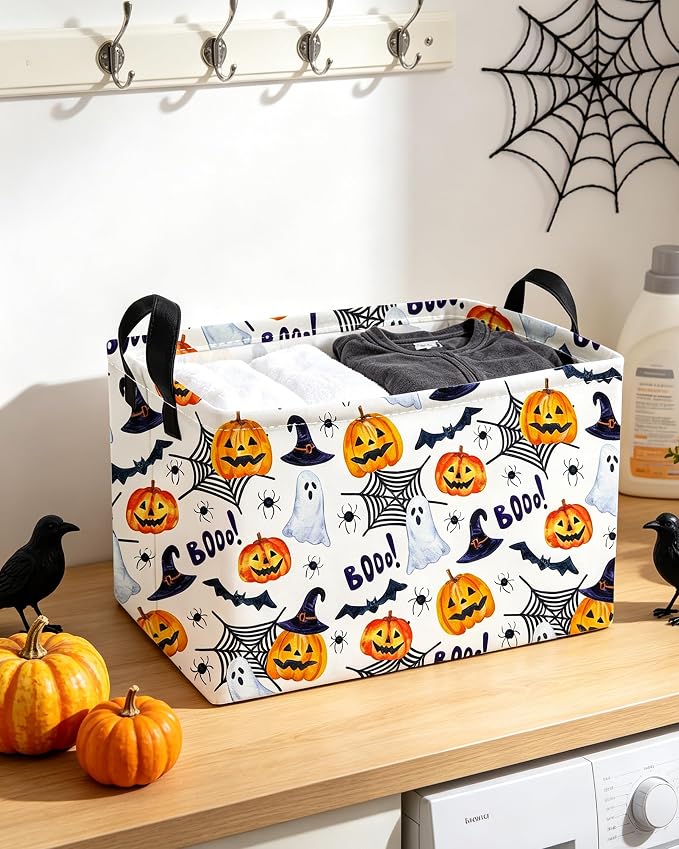 Essme Rectangular Halloween Basket,Ghost Storage Bins Organizer with Handles for Room Decor, Gift Basket.(Watercolor Halloween)