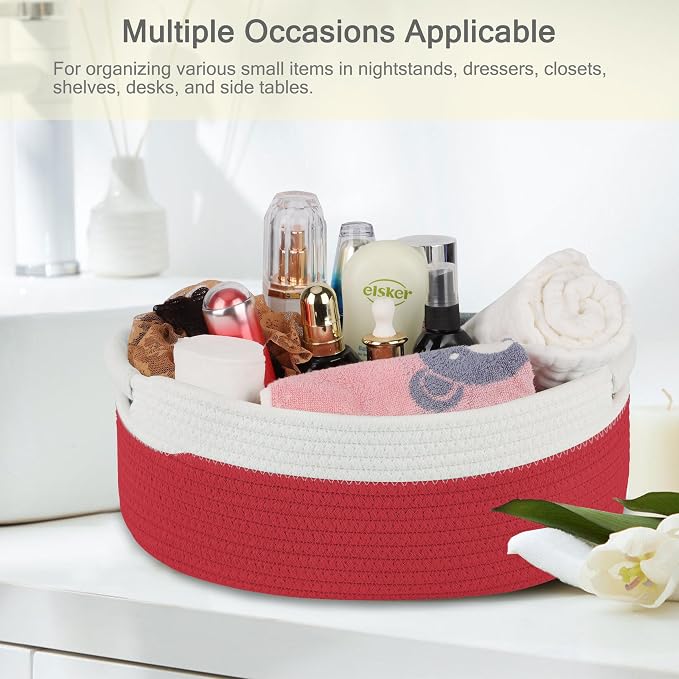 Small Woven Gift Basket with Bag & Ribbons, Red | Cotton Rope, 13”x 9”x 5.5”, Fits for Kids, Women & Men, Bedroom, Living Room, Nursery & Bathroom Storage, Cat & Dog Toy Boxes