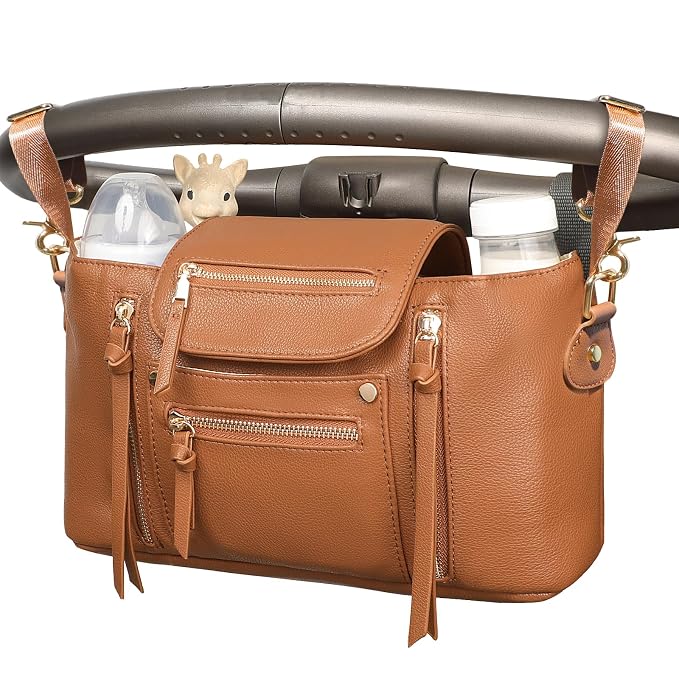 miss fong Universal Stroller Organizer with Insulated Cup Holder Stroller Caddy Baby Storage Bag with Adjustable Strap, Fits for Baby Carriage like Uppababy, Baby Jogger, Britax, Umbrella-Brown