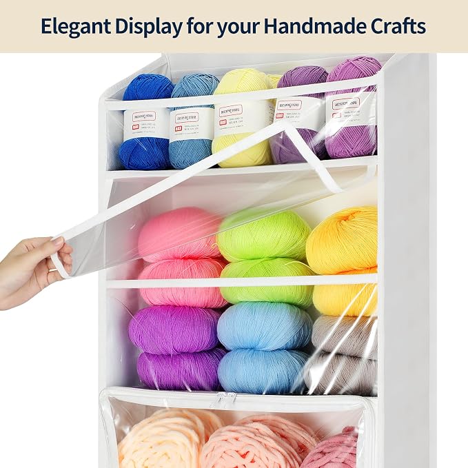 Yecaye Hanging Yarn Storage Organizer with 6 Zippered Closure Compartments, Heavy Duty Stuffed Animal Storage with Clear PVC, Dustproof Yarn Holder for Crocheting Storage, Pearl White 6 Tier