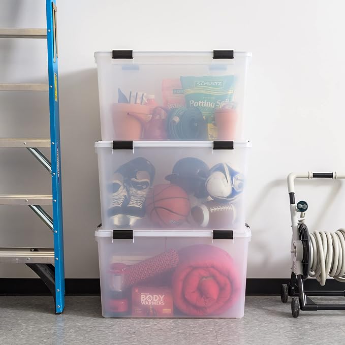 IRIS USA 3-Pack 156 Qt Storage Bins with Gasket Lids, Clear/Black | WeatherPro seal helps protect bulky items for moving, garage, attic and basement storage