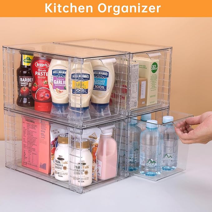 Large Stackable Kitchen Storage Drawers Up Plate, Clear Foods Organizer Bins with Handles, Easily Assemble for Bathroom, Kitchen, Pantry, Cabinet, Closet