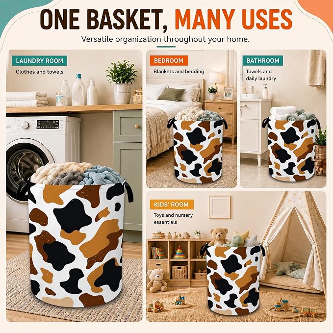 Cow Skin Laundry Basket with Handles,Black Brown Foldable Oxford Laundry Hamper,Collapsible Clothes Storage Basket for Laundry Room/Bathroom/Bedroom/Dormitories 20.8 x 16 Inches