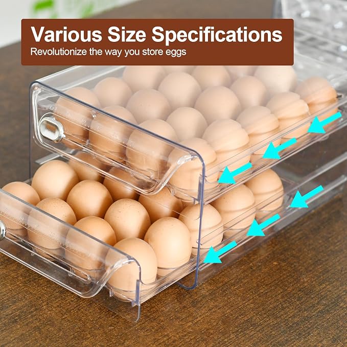2 Tier Egg Holder for Refrigerator, 40 Eggs Clear Drawer Organizer | Clear Stackable Holder Tray with Drawer for Fridge, Storage Container with Handles for Refrigerator, Countertop, Kitchen