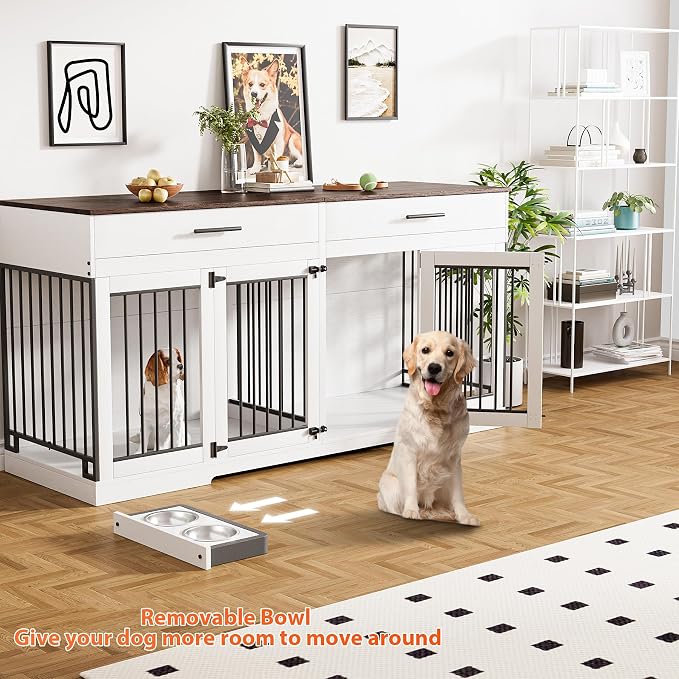 Rophefx 72" Double Dog Crate Furniture with Drawers and Divider, White | Wooden dog kennel for 2 medium dogs with 2 drawers, removable divider, 4 bowls and TV stand top