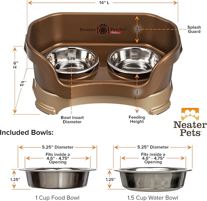 Neater Pet Brands Neater Feeder Deluxe Mess Proof Cat Bowls Elevated, Made in USA, No Spill Raised Bowls for Indoor Cats, Stainless Steel Food and Water Bowl Set, Pet Dish Feeding Station, Bronze