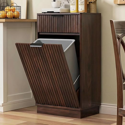 10 Gallon Tilt Out Trash Can Cabinet,Fluted Tilt Out Laundry Hamper Cabinet with Drawer,Wooden Trash can for Kitchen and Living Rooms