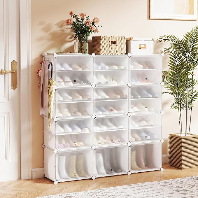 GOFLAME Portable Shoe Rack Organizer, 48 Pairs Expandable Modular Shoe Storage Cabinet with Doors, Adjustable Panels, 8-Tier DIY Shoe Shelves for Closet, Hallway, Entryway, Easy Assembly, White