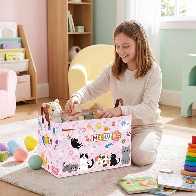 Cat Paw Toy Storage Basket,Square Toy Bin,Storage Bin for Pet Room Decor | Collapsible Nursery Storage Bin with Sturdy Handles for Clothes, Toys, Pillows, Living Room Bedroom Bathroom