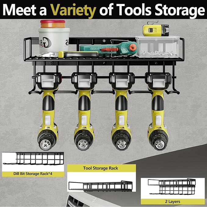AZERPIAN Power Tool Organizer Heavy Duty Wall Mount Drill Tools Holder | Garage Wall Mount Tool Rack, Workshop Metal Cordless Tool Shelf, 1 Layers Utility Storage Racks for 4 Drill Holders