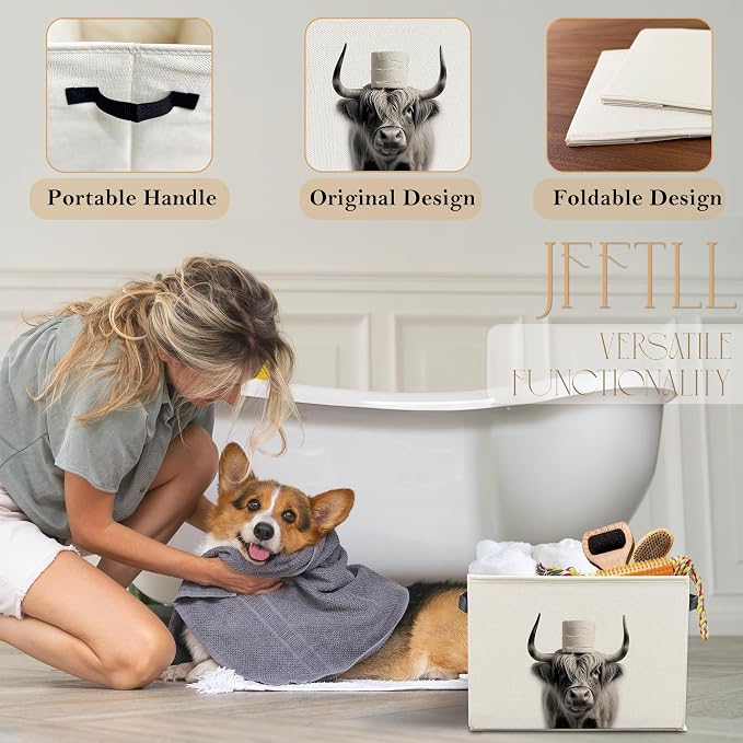 Funny Cow Bathroom Storage Bins Box, Cow Bathroom Decor, Cow Lover Gifts Storage Basket Laundry Hamper with Handle for Bath Room Clothes Vanity Undersink Home Organization