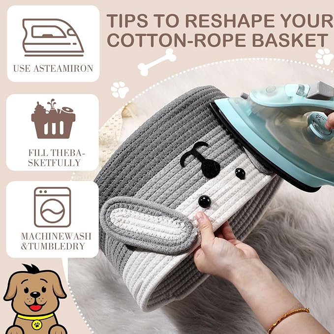 Zopeal Dog Woven Basket, 11.8" D x 6.7" H Cotton Rope Toy Storage Organizer, Dog Mom Gift Empty, Cute Laundry Puppy Gift Animal Basket for Clothes, Towels, Toy, Laundry, Bathroom, Home(White, Gray)