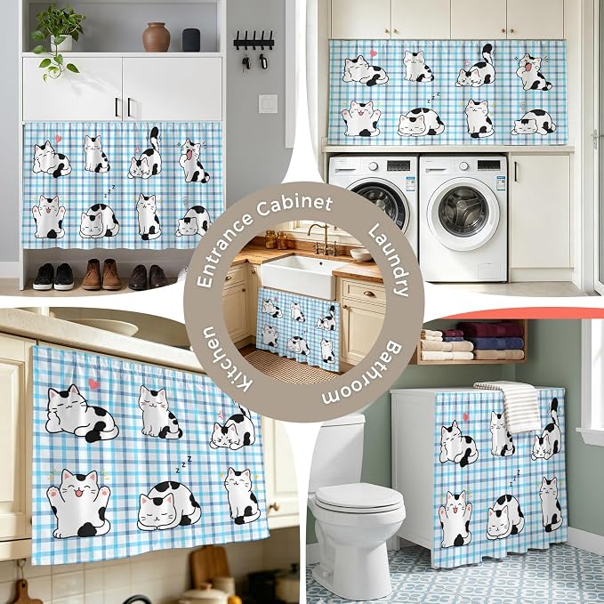 Cute Cat Sink Skirt 11"Wx13"L,Dustproof Under Sink Curtain with Self Adhesive Tape,Modern Playful Pet Cats Blue Purple Plaid Cabinet Curtain Cover for Bathroom Vanity,RV,Kitchen Cabinet Storage Shelf