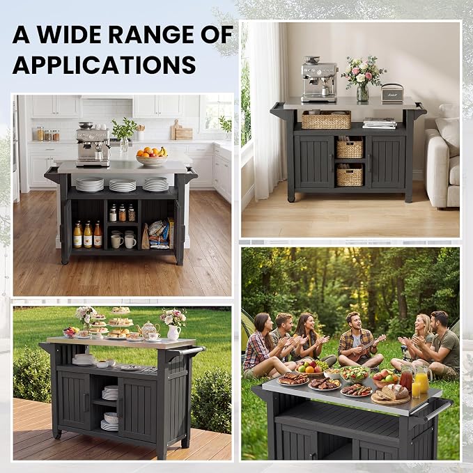Bifanuo Outdoor Grill Table Grill Cart with Stainless Steel Top & Storage Cabinet for Food Prep and Storage, Portable and Durable with Wheels (Standard Black)