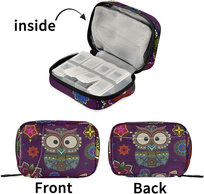 Ollabaky Mandala Floral Owl Pill Organizer Travel Pill Cases Bag Portable Pill Container 7 Days Pill Box Organizer Vitamin Supplement Holder with Zipper for Family Business