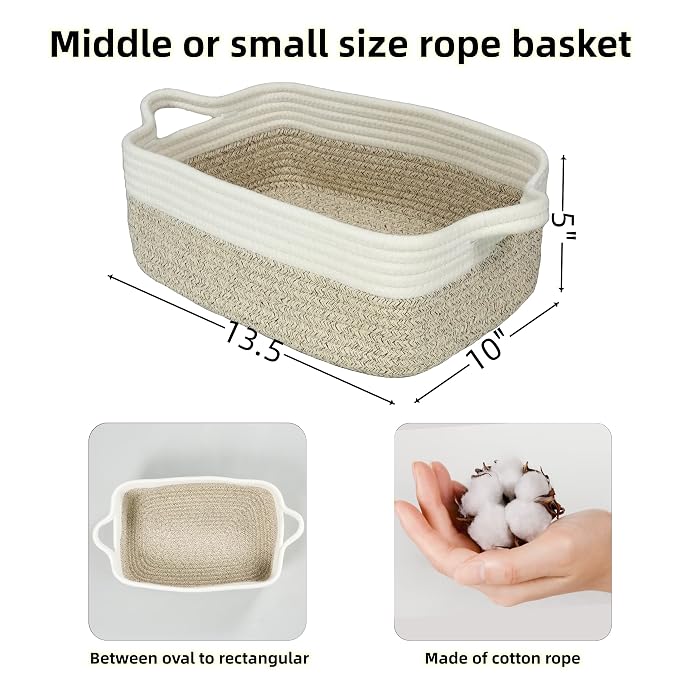 XUANGUO Medium Woven Cotton Rope Storage Basket with Handles | Small decorative rectangle storage bin for baby nursery items and cat toys; ideal as an empty gift basket or dog toy basket
