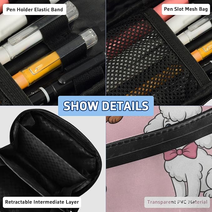 Cute Pets Poodles Pink pattern Large Capacity Pencil Case with Zipper Water Resistant Portable Organizer Pen Bag for Office School Students