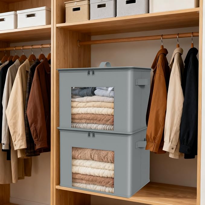 Zilink Fabric Storage Bins with Lid Closet Storage Bins, Light Grey, 4Pack | Stackable, Smooth Zipper, Clear Window, Sweater Organizer, Closet Organizers and Storage Box for Home, Bedroom