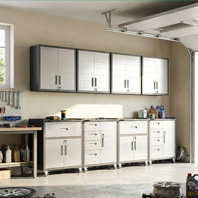 Garage Cabinet System | Heavy Duty Steel All-in-One Modular Garage Cabinet Set for Ultimate Workshop Organization | Easy Assembly Garage Storage Cabinets & Tool Bench