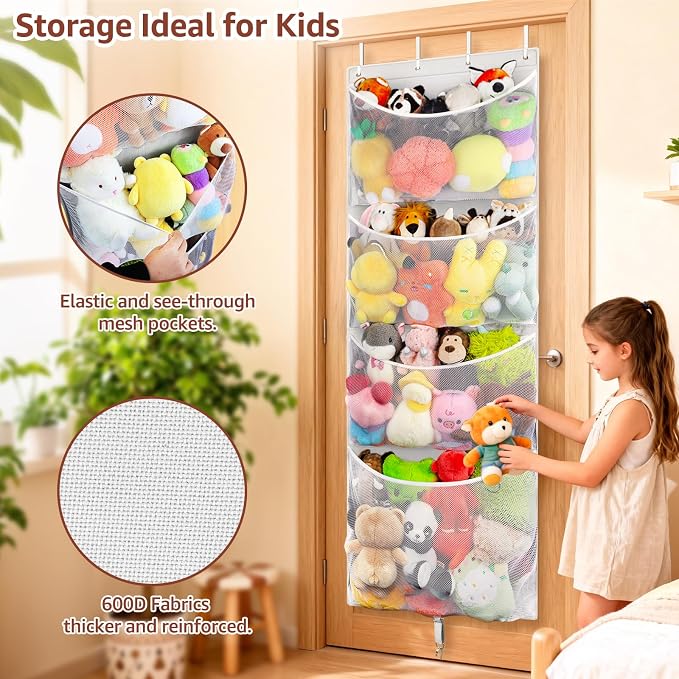 Over Door Stuffed Animal Storage, Hanging Plush Toy Organizer Holder | Behind Door Organizer with 4 Large Pockets, Mesh Hammock Bag for Doll & Bear Stuffies, Idea for Girl Boy Kid Nursery Closet