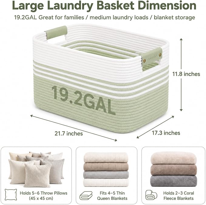 19.2GAL Sturdy Large Laundry Basket with Handles for Bathroom, Dorm Dirty Clothes, Portable Aesthetic Boho Cute Woven Storage Blanket Baskets for Living Room Decor Girls Boys Pets Toys White Green