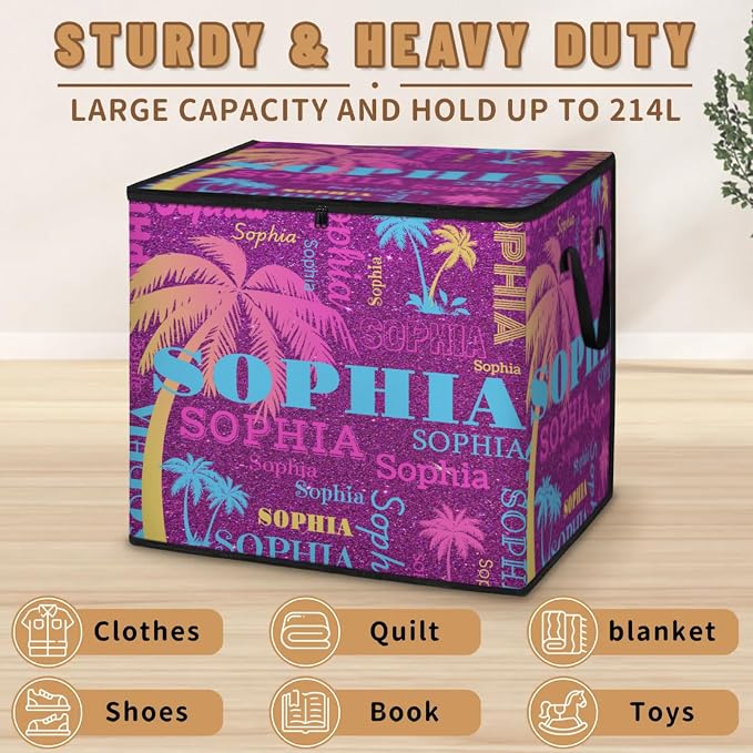 Custom Storage Baskets Cubes with Name, Dark Magenta Purple Pink Yellow Blue Tropical Palm Trees Large Foldable Organizer Collapsible Storage Bins for Home Blanket Comforters Clothes Closet Nursery